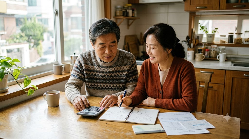 국민연금 조기수령 시기를 고민하며 계산기를 두드리는 중장년 부부