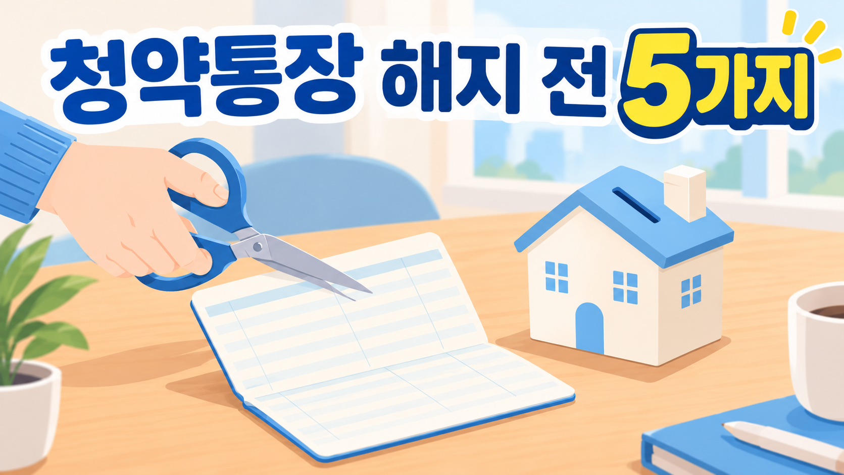 청약통장 해지를 고민하며 통장과 저금통 앞에서 가위를 든 손 일러스트
